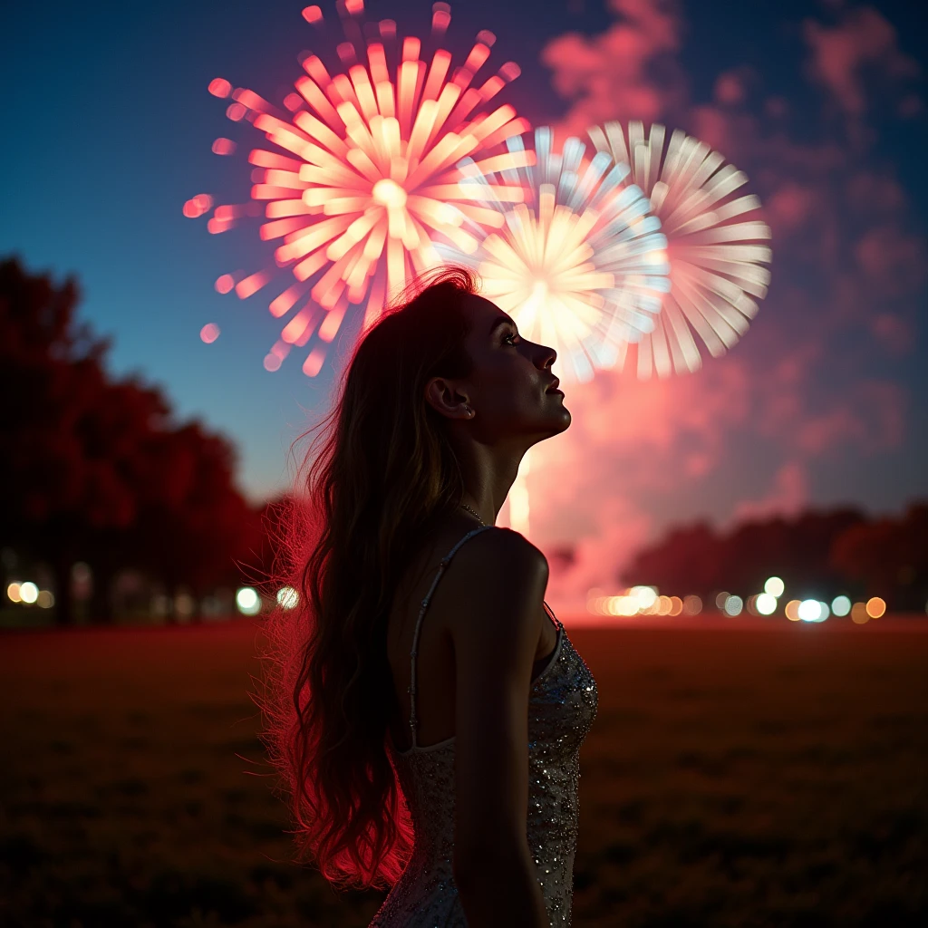 Many fireworks in eyes of young lady at night
