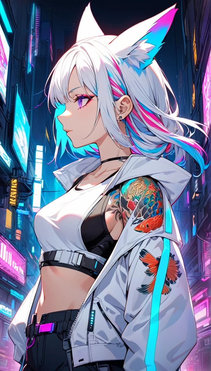 1woman, long white hair with pink and cyan tips,Muticolored hair, fox ears, purple eyes, wearing a white coat, wearing black pants, wearing white undershirt, tattoos on arms, colorful Japanese koi tattoos, showing body, medium breasts, cyberpunk, profile picture perspective, neon, loose hair, waist up perspective