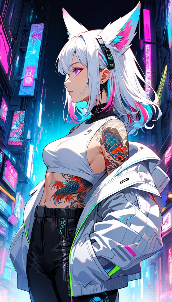 1woman, long white hair with pink and cyan tips,Muticolored hair, fox ears, purple eyes, wearing a white coat, wearing black pants, wearing white undershirt, tattoos on arms, colorful Japanese koi tattoos, showing body, medium breasts, cyberpunk, profile picture perspective, neon, loose hair, waist up perspective