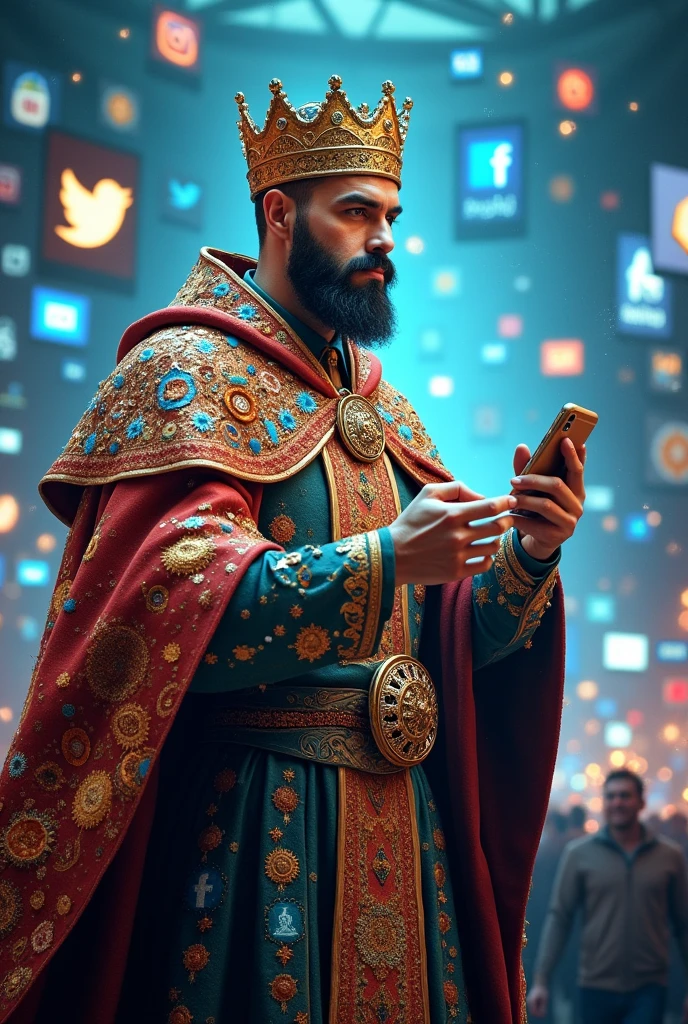 King master of social media with all social media logo his back side he is a master of social media