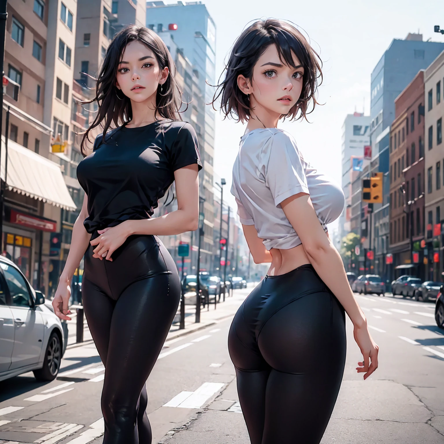 Anime Kawaii sexy Perfect Slim sensual body large breast and huge thighs, An intricate and highly detailed illustration of anime (Young girl) a girl walking in a city, wearing tight leggings that show off her large butt, leggings visible lines, frontal view, looking at the camera, sensual expression, (best quality,4k,8k,highres,masterpiece:1.2),ultra-detailed,(realistic,photorealistic,photo-realistic:1.37),hyperrealistic,extremely detailed face and body, detailed eyes and lips, flawless skin, fashionable outfit, natural lighting, vibrant colors, cinematic composition, dramatic atmosphere