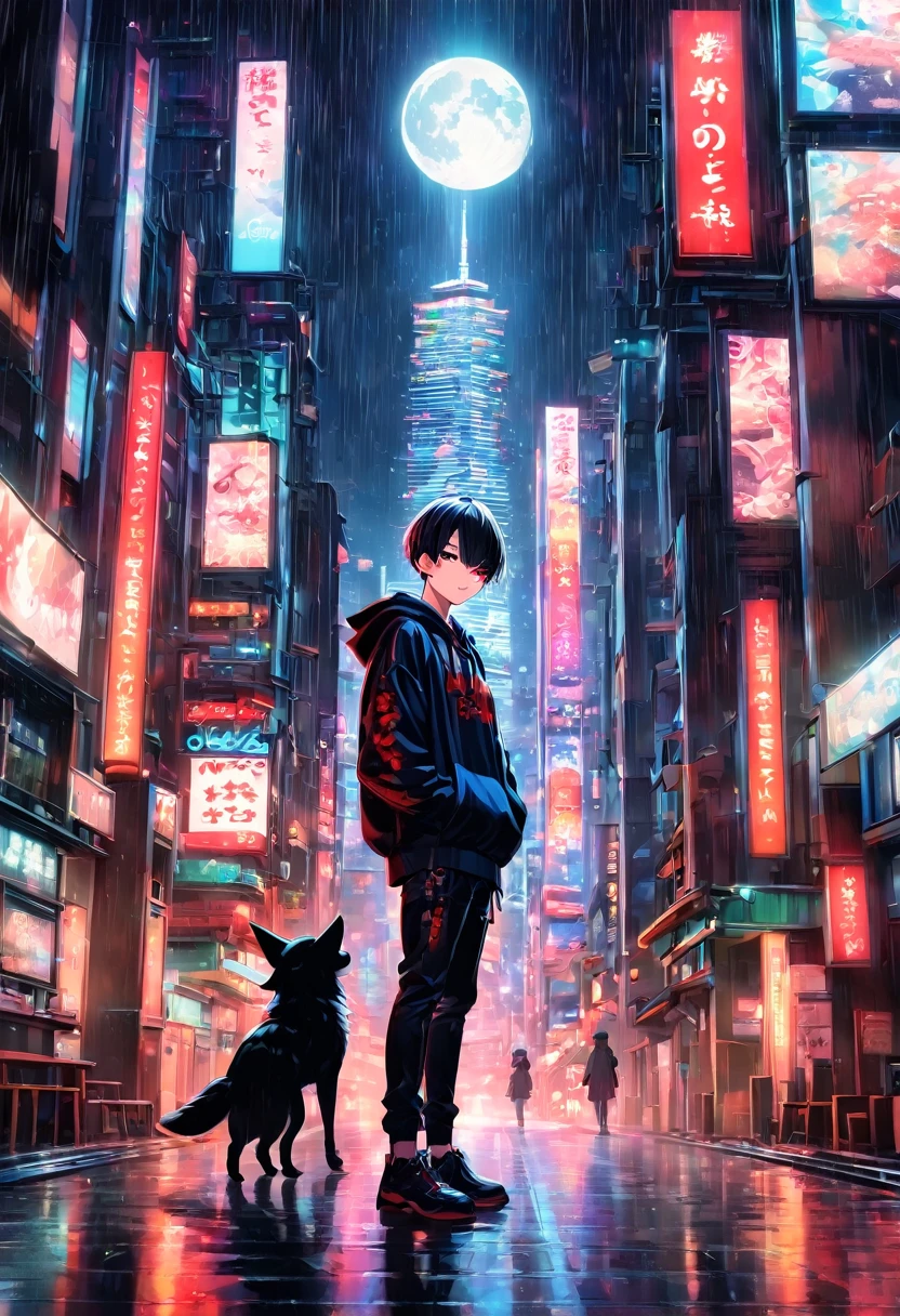 a moon, better quality, more details, table, (full body), 1 child, portrait, standing in the middle of the street, night, male focus, red eyes, bangs, looking at viewer, short white hair, rain, Tokyo Tokyo \(city\), hoodie, black nail polish, black hair, stylish, 4K, 8K, detailed, ray tracing, depth of field, cinematic lighting