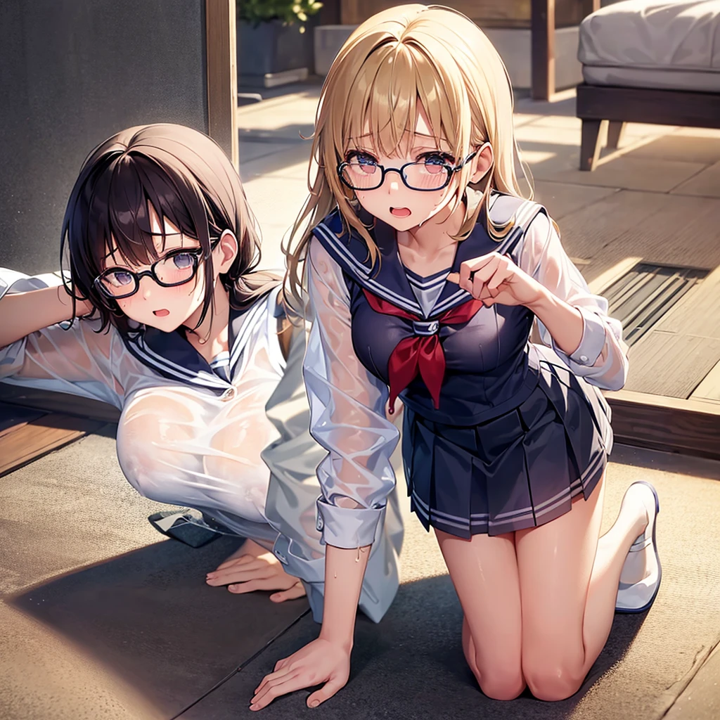 Crying face、Glasses、Sailor suit、Wet, see-through clothes、No bra、beautiful girl、On all fours、Without skirt