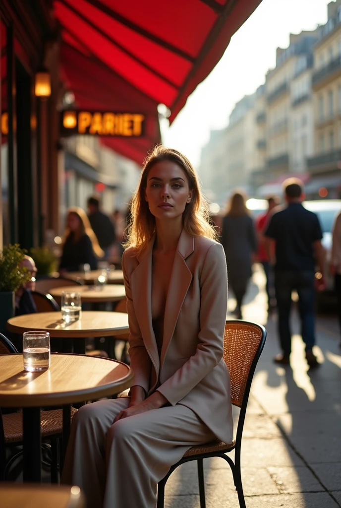 Fém ale singing reaggaton : A realistic photograph of a stylish woman sitting at an outdoor café terrace during a photoshoot. She’s elegantly dressed, with a natural, confident pose. Several photographers are around her, capturing different angles. The café has a Parisian vibe, with small round tables, classic chairs, and warm lighting from the late afternoon sun. The background shows a lively street with pedestrians passing by, adding a dynamic yet relaxed atmosphere to the scene.