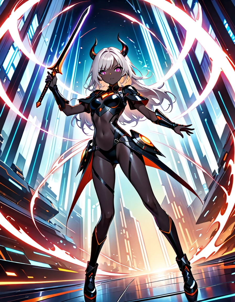 ((Best Quality)), ((Masterpiece)), ((Realistic)) slender, cute girl with medium-length white hair and vibrant purple eyes. She wears a tight-fitting, sleek suit with high-tech boots and chestplates. The outfit includes matching vambraces, all in a futuristic, high-tech design. She wields a high-tech sword, adorned with glowing lights along the blade and hilt. The girl's expression is calm and focused, complementing her stylish, advanced gear. (devil:1.3), (pure black skin:1.3), (dynamic angle:1.2).