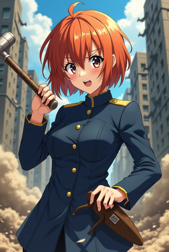 Nobara Kugisaki, orange brown hair, bikiqui, short hair,hammer and nail in hand,navy blue uniform, anime image.