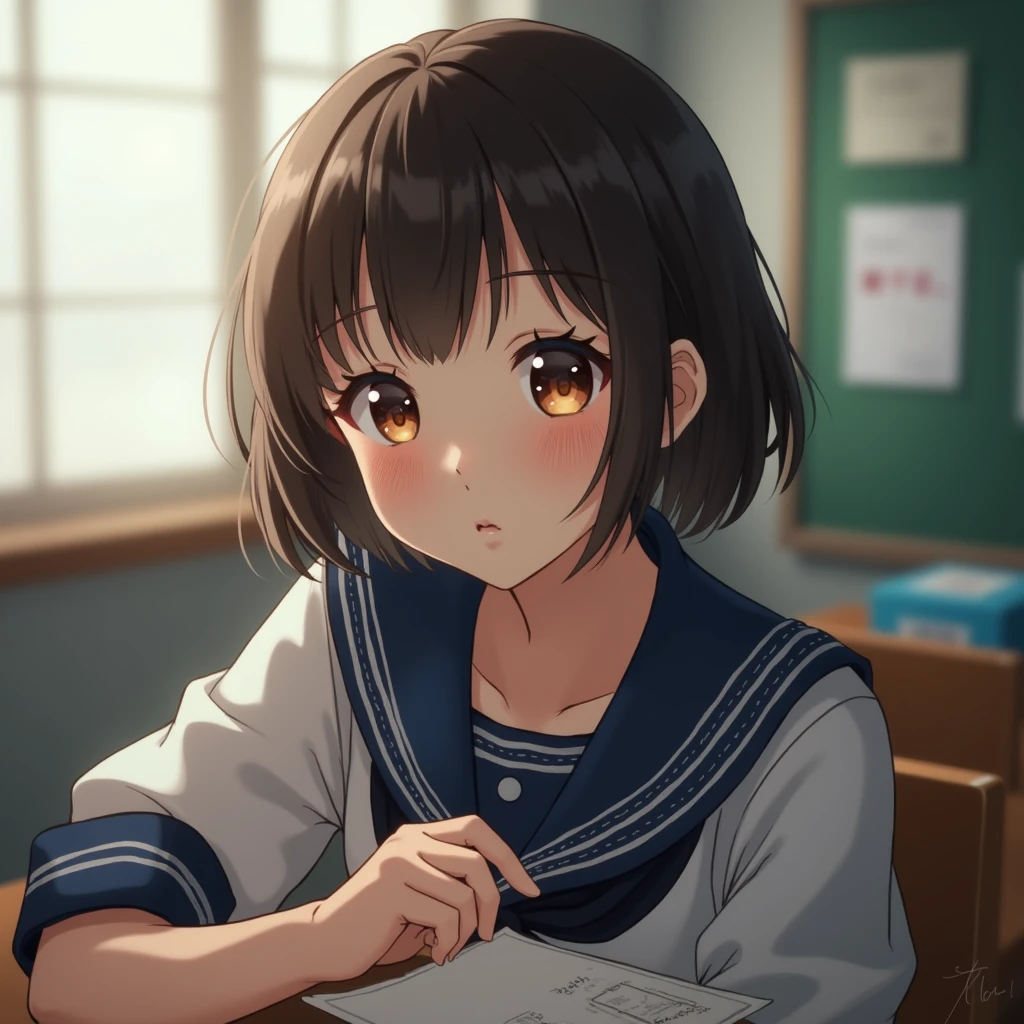 Highest quality, Face Focus, Soft Light, Ultra-high resolution, (Realistic:1.4), RAW Photos, 1 Japan, alone, cute, (A shy smile:0.5), (Brown eyes, Light in your eyes), Beautiful face in every detail, (Small box),(High resolution detail of human skin texture), (Short Bob Hair), break, In the classroom,Navy uniform, Best, skirt