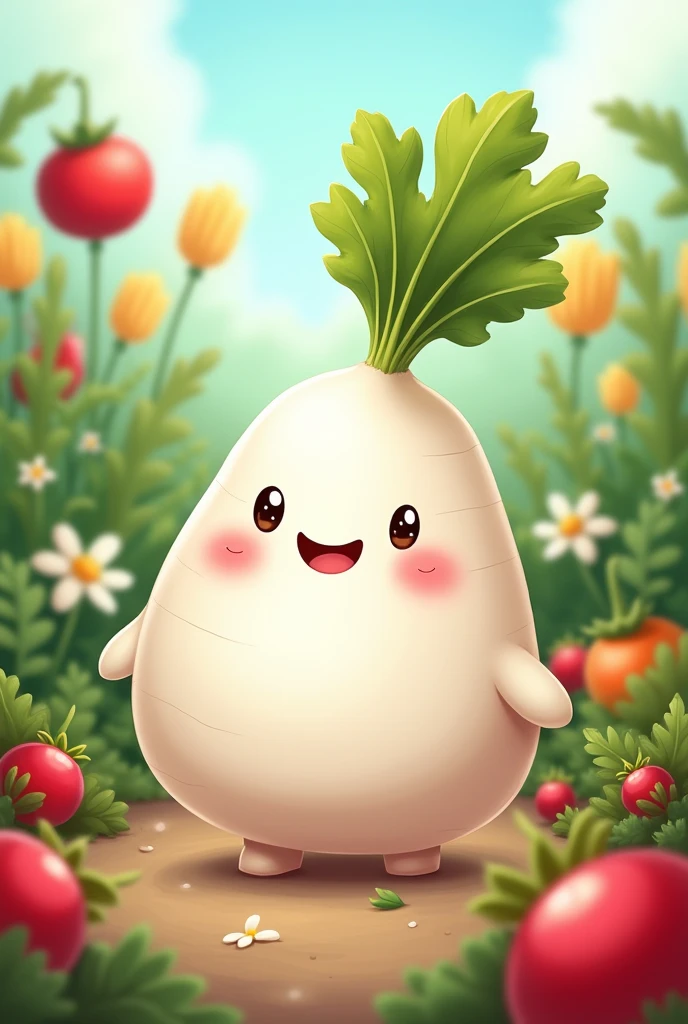 masterpiece: concept art, Decent quality, hand-drawn cute and chubby personified white radish, looking at viewer, Slightly smiling, happy, fruit, Dynamic configuration, Illustration,