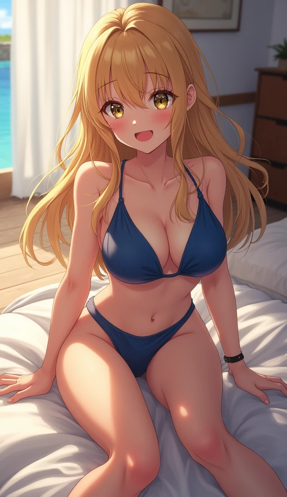 (RAW Photos: 1.2), Highest quality, Beautiful detailed girl, smile, Blue swimsuit, bikini, blonde, Highly detailed eyes and face, whole body, Spread your legs, From below, Beautiful attention to detail, Large file size, High resolution, 8k wallpaper, The finer details, highly detailed ticker uniform 8k wallpaper, Light on the face, Cinema Lighting, 18-year-old girl, Sexy pose, (Photorealism: 1.4), An illustration, Super Detail、Yamada_Anna、Drooling、There is a shakuhachi on the bed.、Ecstatic expression、Blowjob、Sucking penis、Sucking a penis、Suck the penis、deep throat、living room、