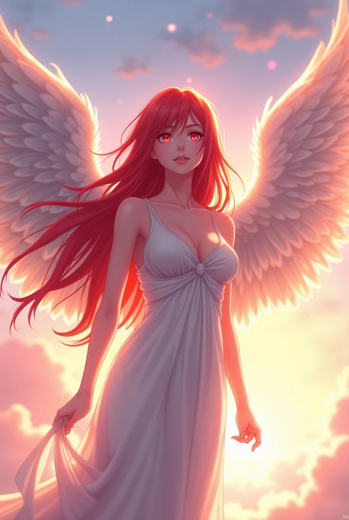 An anime woman, with long red hair, pink eyes, white gown, with angel wings, half of the body