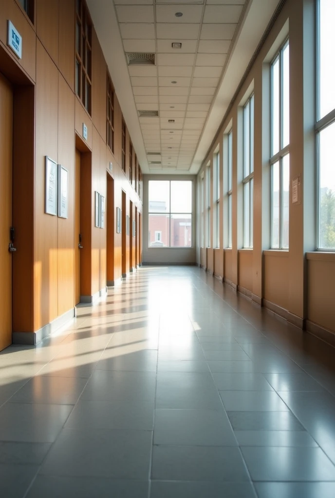 create a floor plan image of an empty university corridor, with university doors and cabinets, long corridor with rooms on the sides