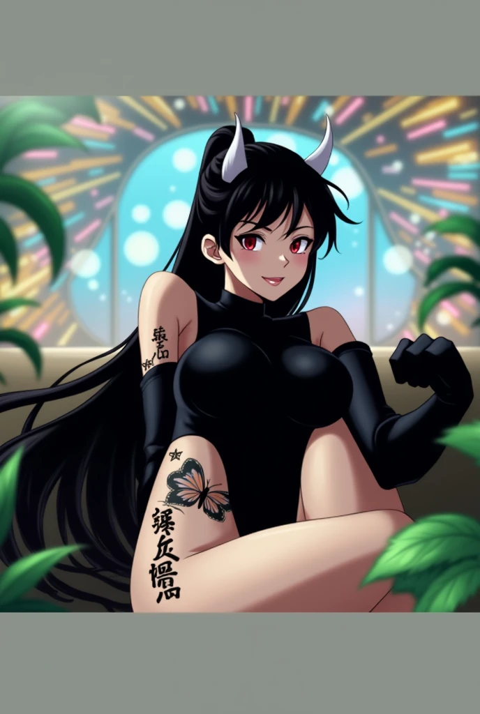 Anime mommy with black hair y2k Tied up and messy in the front and white horns and sexy bodysuit, with red eyes And a naughty face, Put a large black butterfly tattoo on one thigh and Japanese letters on the other, put elbow-length gloves on both arms