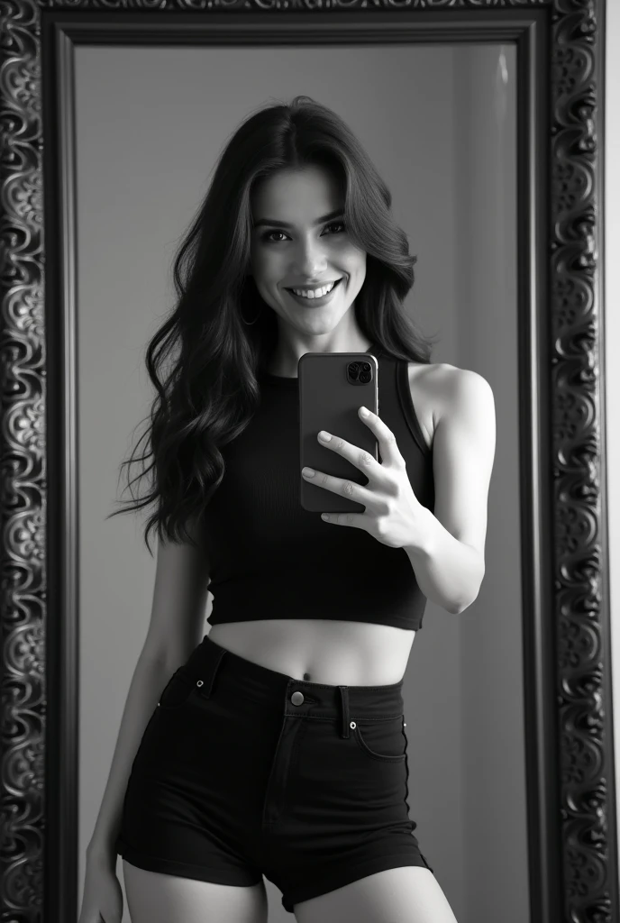 arafed woman taking a selfie in a mirror with a cell phone, wearing a cropped black tank top, wearing a black cropped tank top, black and white), wearing crop top, with clothes on, wearing a crop top, wearing a sexy cropped top, in black and white, wearing a cropped top, dressed in a top and shorts, wearing a cropped tops, medium tits, Big ass