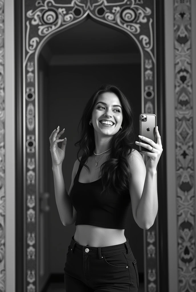 arafed woman taking a selfie in a mirror with a cell phone, wearing a cropped black tank top, wearing a black cropped tank top, black and white), wearing crop top, with clothes on, wearing a crop top, wearing a y cropped top, in black and white, wearing a cropped top, dressed in a top and shorts, wearing a cropped tops, medium titig ass