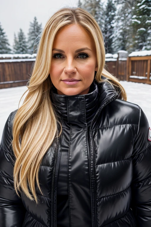 Medium view, of middle aged, 36 year old, mom, gilf, milf, face portrait, chubby, long blond hair, black moncler puffer jacket, leather leggings, in cozy snow