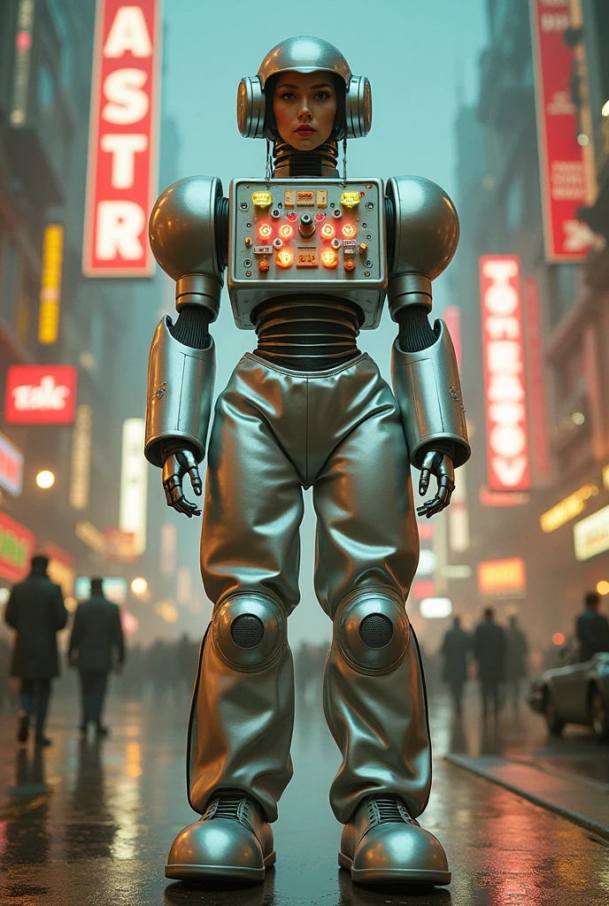 Young womam dressed in a classic robot costume, i.e. very wide baggy robot pants and large wide arms and silver Full body with big and silver robot shoes Standing showing all the robot suit And with robot gloves And the chest completely covered and Square like a robot With buttons on the chest, ALL THE BODY IS COVERED LIKE A CLASSIC ROBOT