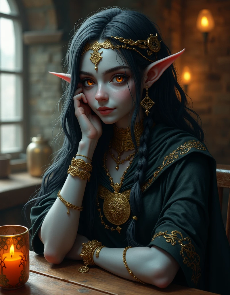 best quality,masterpiece,masterpiece portrait,intricate details,epic light,fantasy,Dungeons & Dragons,Retro,priest,dark elf,1girl,Wooden table,tavern,gray skin,An elegant smile,Squint,Close-up Portrait of a Mycenaean female Drow Person wearing golden jewelry, Spiders:0.9, webs:1.0, Fantasy, Volumetric lighting, concept art, brush stroke style, artstation, trending, highly detailed, art by greg rutkowski