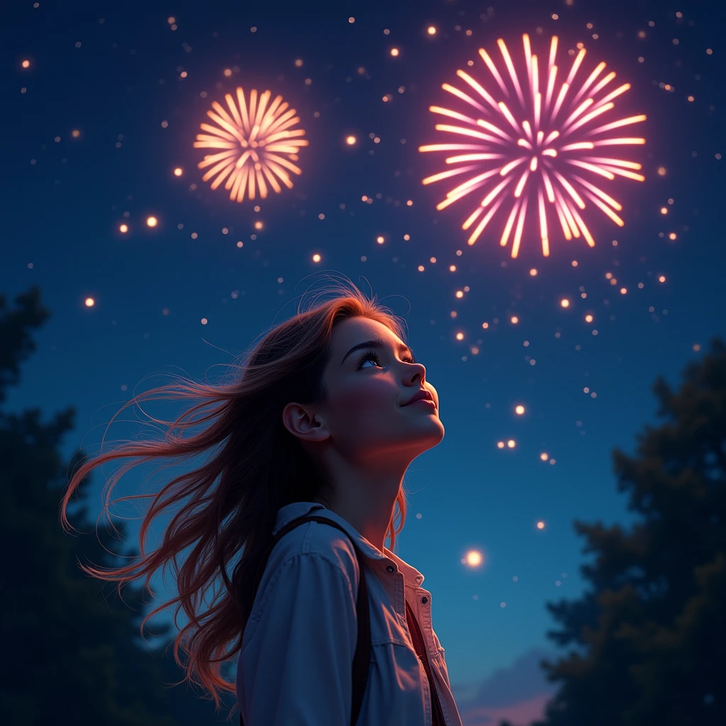 Many fireworks in eyes of young lady at night