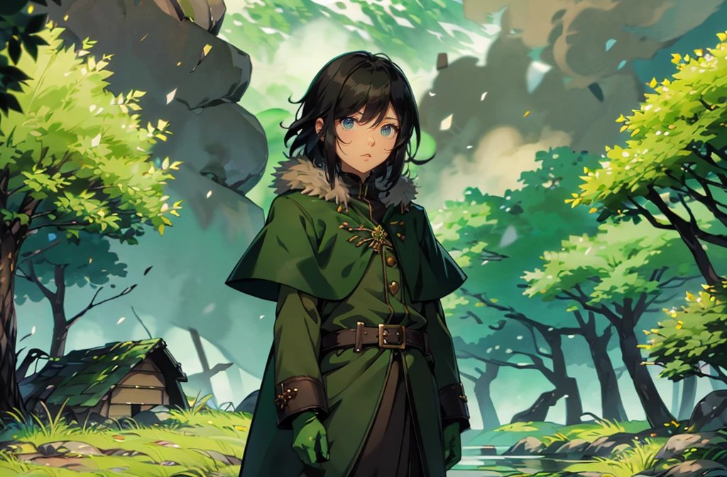 yuichiro hyakuya girl, (WithoutFear:1), 1 girl, black hair, green eyes, brown coat, gray armor, elves, sylvan, green shield, green cloak, dark brown gloves, forest, white fur trim, anime, standing, good quality, portrait, looking at viewer