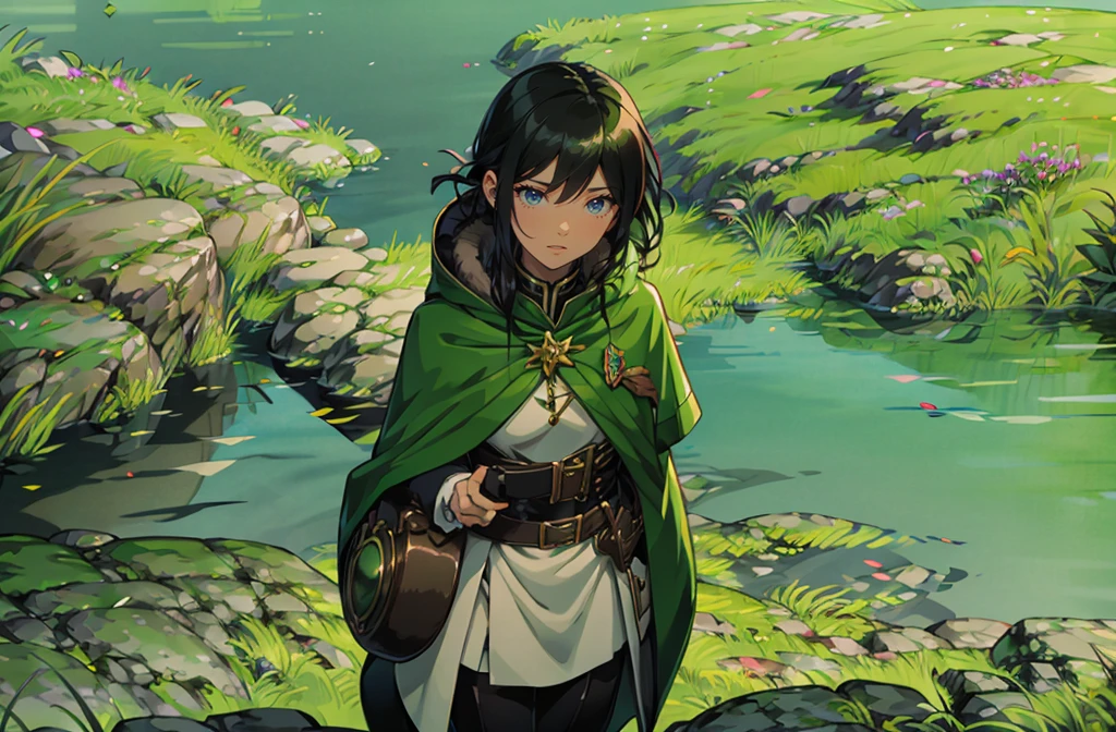 yuichiro hyakuya girl, (WithoutFear:1), 1 girl, black hair, green eyes, brown coat, gray armor, elves, sylvan, green shield, green cloak, dark brown gloves, forest, white fur trim, anime, standing, good quality, portrait, looking at viewer