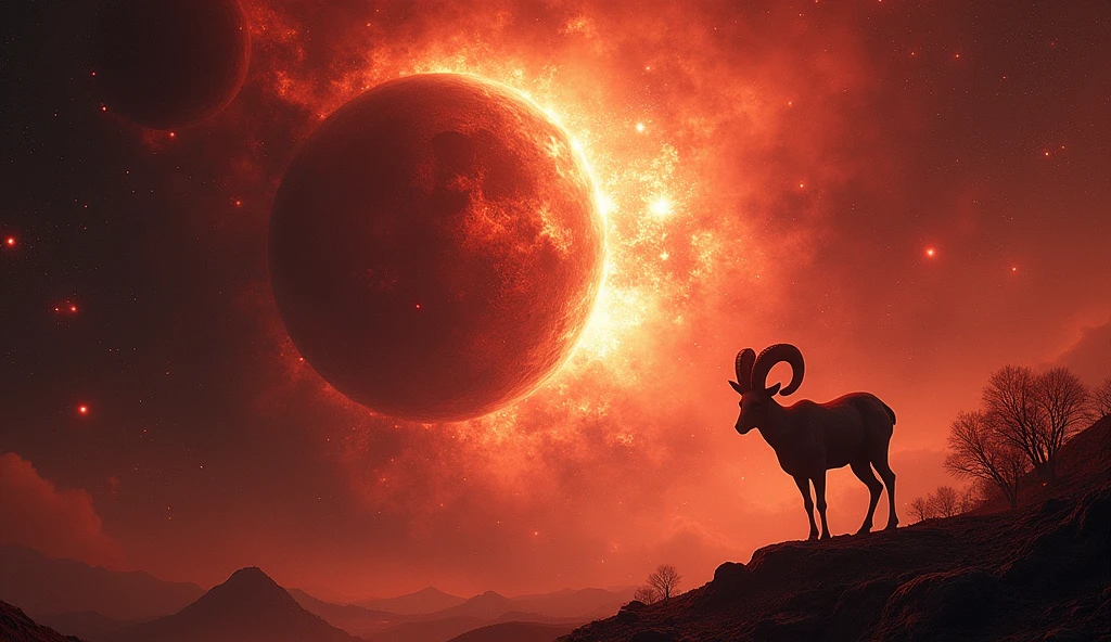 A dynamic image of a fiery red planet (Mars) and a dark, transformative planet (Pluto) colliding in space, creating a burst of intense light and color. In the foreground, a silhouette of Aries, symbolizing impulsiveness and depth, is visible. The scene is cosmic and dramatic, with a focus on the clash of energies. --ar 16:9
