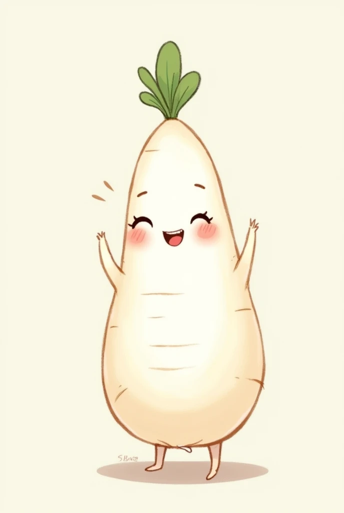 concept art, Decent quality, hand-drawn cute and chubby personified white radish, looking at viewer, Slightly smiling, happy, fruit, Dynamic configuration, Illustration, no background