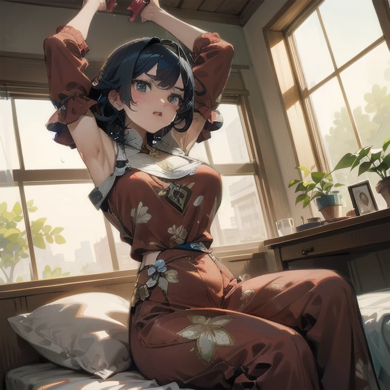 Anime Kawaii sexy Perfect Slim sensual body large breast and huge thighs, An intricate and highly detailed illustration of anime (Young girl) (masterpiece:1.2), Detailed fingers, Beautiful woman, Sitting on the bed, She is wearing a loose off-the-shoulder top., Pajama pants, Short Curly Hair, indoor, Soft lighting, Background plants, Window with sunlight, Cozy rooms, Relaxed pose, Intricate details, Warm colors, Japanese schoolgirl, stretching arms upwards, yawn loudly