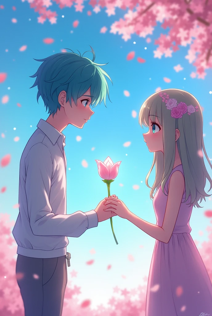 Giving a tulip to your crush from an anime character., A man is giving a present, but、he became a character and gave flowers from the screen, but、the woman who came out of the screen came out and can't be seen.