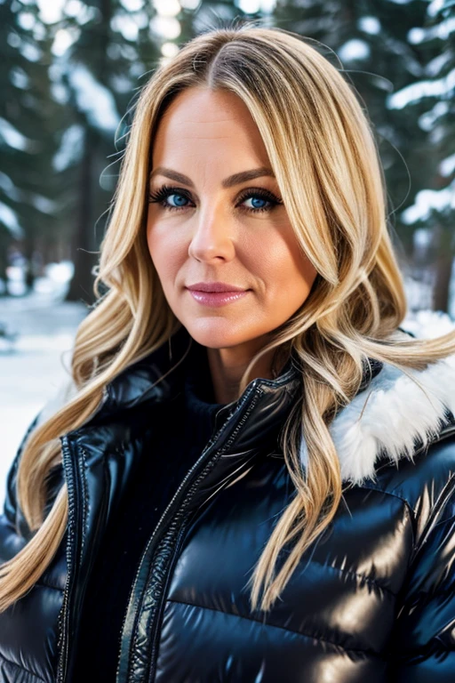 Medium view, of middle aged, 36 year old, mom, gilf, milf, face portrait, chubby, long blond hair, black moncler puffer jacket, leather leggings, in cozy snow