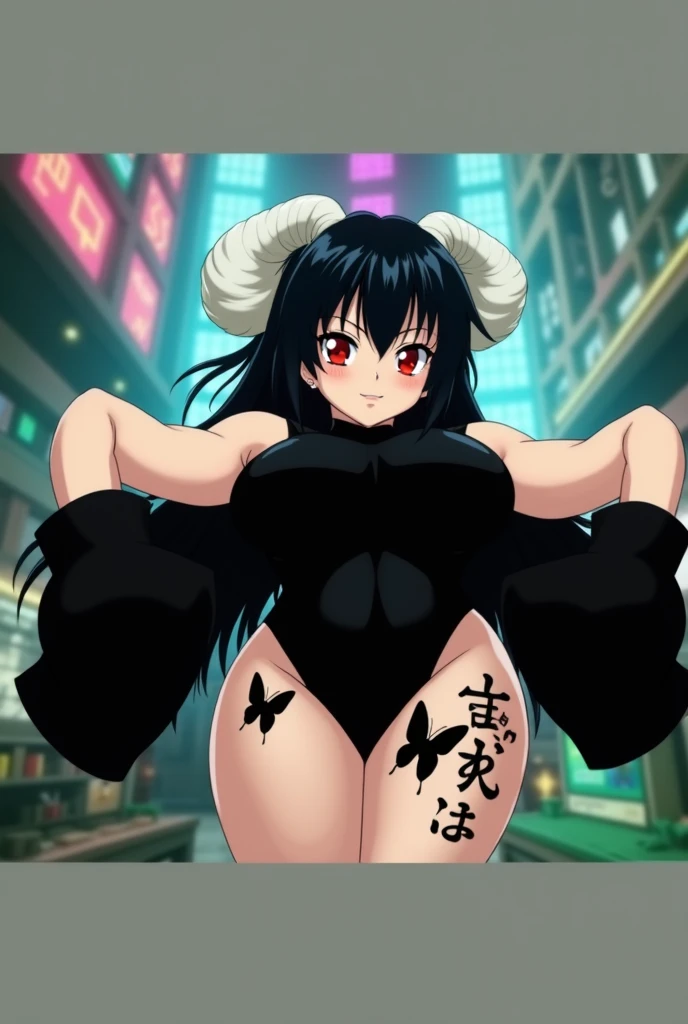 Anime mommy with black hair y2k Tied up and messy in the front and white horns and sexy bodysuit, with red eyes And a naughty face, Put a large black butterfly tattoo on one thigh and Japanese letters on the other, put elbow-length gloves on both arms