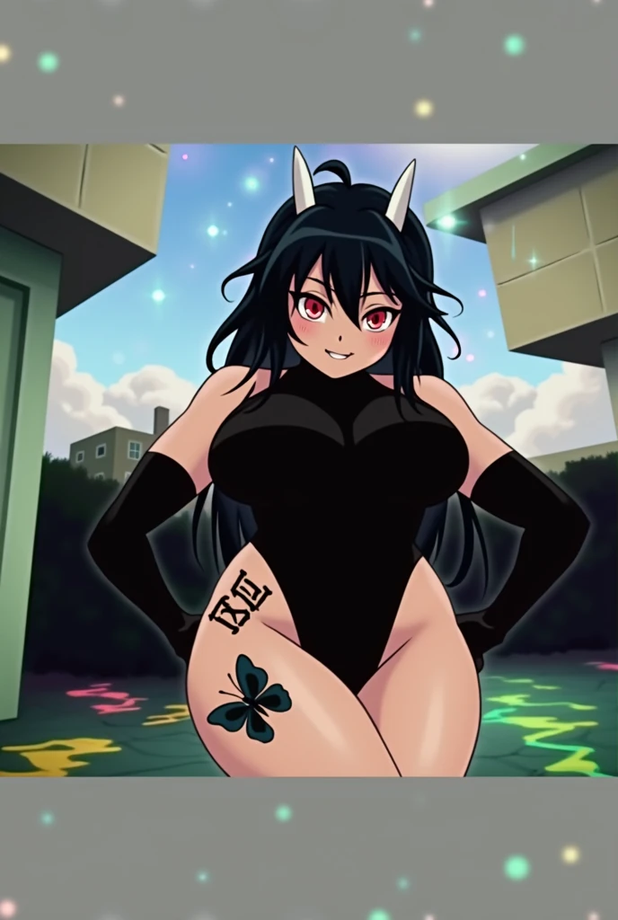 Anime mommy with black hair y2k Tied up and messy in the front and white horns and sexy bodysuit, with red eyes And a naughty face, Put a large black butterfly tattoo on one thigh and Japanese letters on the other, put elbow-length gloves on both arms