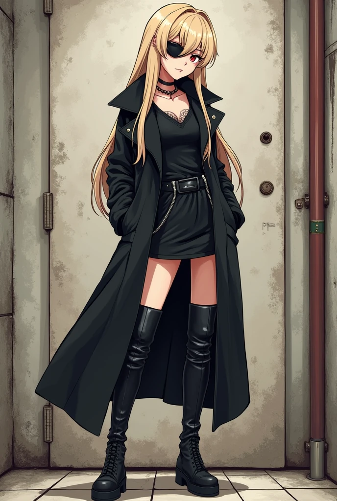 a cartoon image of a woman in boots, vector art by Ei-Q, pixiv, shin hanga, full_body!!, !!full body portrait!!, full body!!, anime moe artstyle, gapmoe yandere grimdark, full body!, anime vtuber full body model　beige hair with an eyepatch 　black coat with front zipper closed, long hair　Character portrait　rough