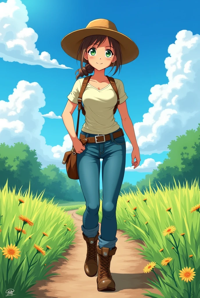 Lyra is a woman of average height with a strong, athletic build., result of his outdoor work. she has light brown hair, which is usually kept tied up in a practical bun. Her eyes are a deep green and her skin is tanned from sun exposure.. Wear comfortable and functional clothes, Clara wears jeans, tshirts, work boots and wide-brimmed hat for sun protection.
 
I want it in anime style
