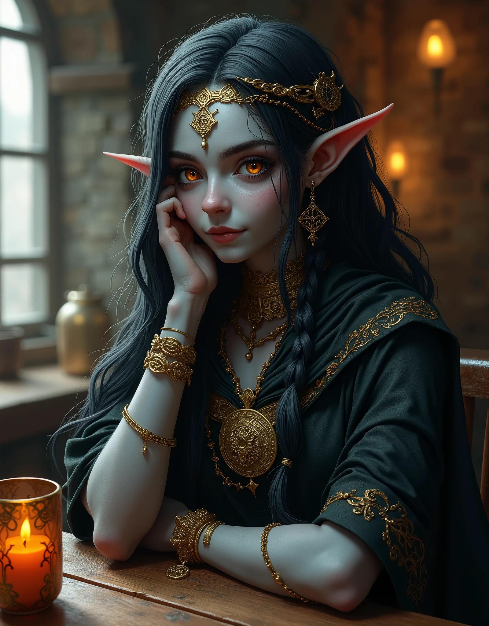 best quality,masterpiece,masterpiece portrait,intricate details,epic light,fantasy,Dungeons & Dragons,Retro,priest,dark elf,1girl,Wooden table,tavern,gray skin,An elegant smile,Squint,Close-up Portrait of a Mycenaean female Drow Person wearing golden jewelry, Spiders:0.9, webs:1.0, Fantasy, Volumetric lighting, concept art, brush stroke style, artstation, trending, highly detailed, art by greg rutkowski