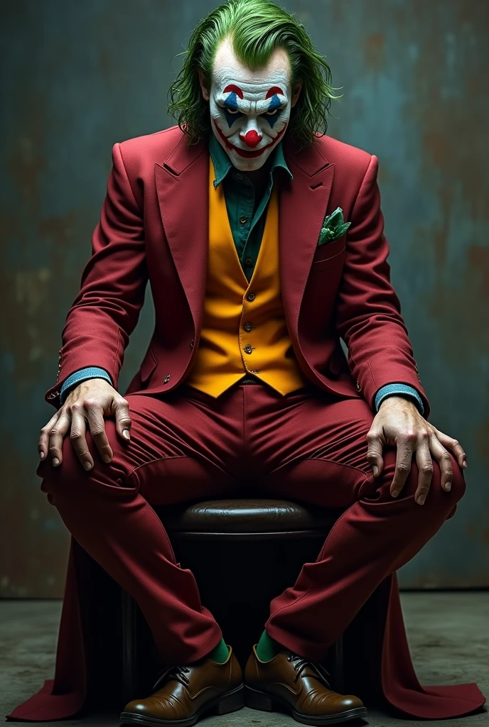 The Joker  as a realistic human man, (masterpiece), best quality, hyper-detailed, (((NSFW, erotic, full body shot, muscular hips-butt-legs, large cock, big cock, legs spread, dripping wet, high quality fingers, normal hands, detailed