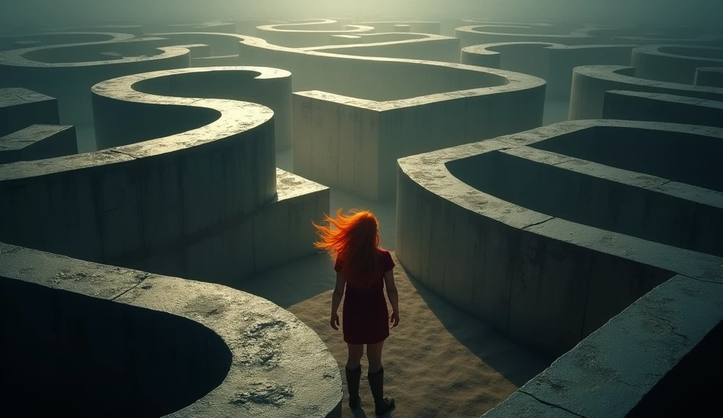 An abstract scene of a maze with a fiery, determined figure (Aries) navigating through it. The maze represents complexity, while the figure's determined expression shows the struggle and depth of Aries’ character. The atmosphere is intense and thought-provoking, with dramatic shadows and lighting. --ar 16:9