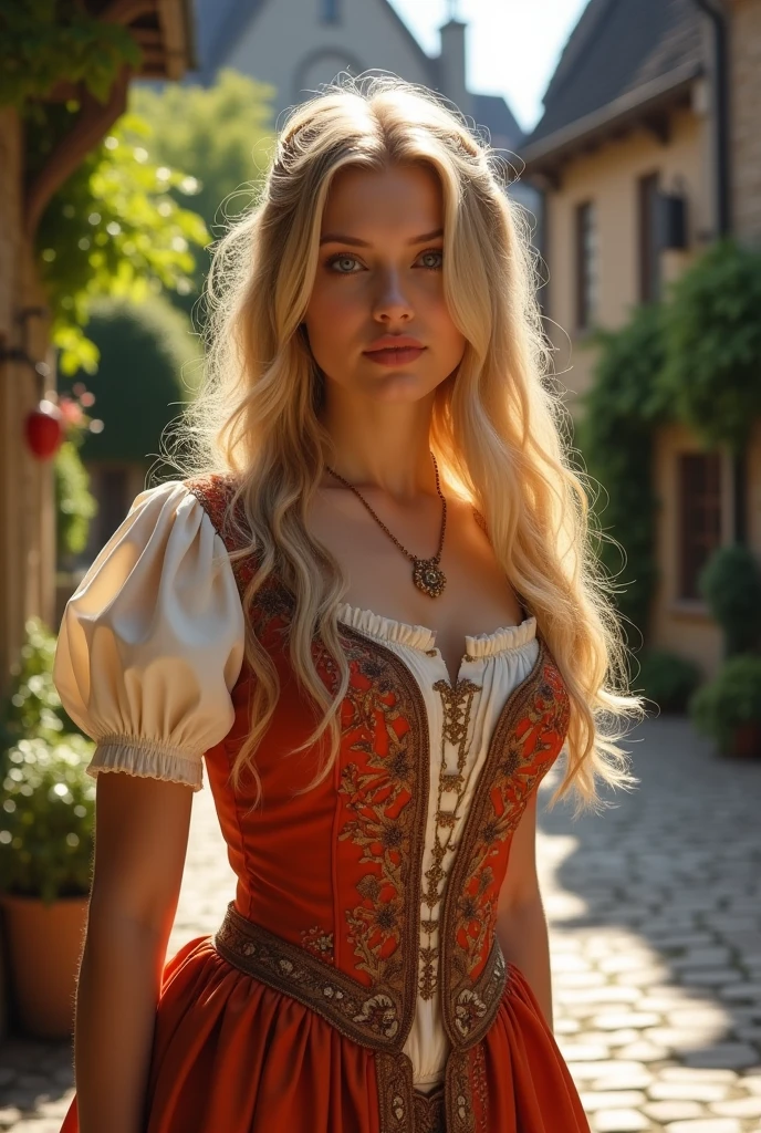 Create a blonde woman from the Middle Ages, very atractive, perfect curves, slim, fair and perfect skin with an outfit from that era