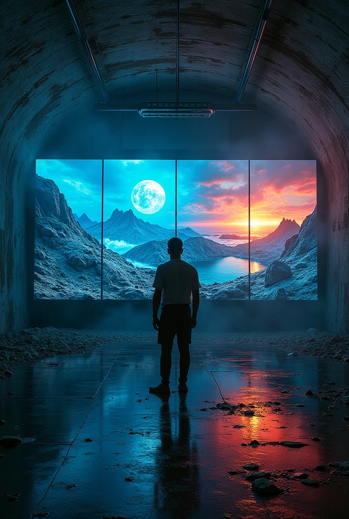 Copy the artificial intelligence of odyssey, that is to say, one that is embedded in concrete, and that has the responsibility of choosing the humans fit to repopulate the planet Earth. that humans are not seen and that deferred ideas are seen on the screens, some where the planet is destroyed, But in others you see the rebirth of paradise., in an empty space, only the artificial intelligence screens that are embedded in the bunker. WITHOUT HUMANS AND WITHOUT ROBOTS, Empty space.