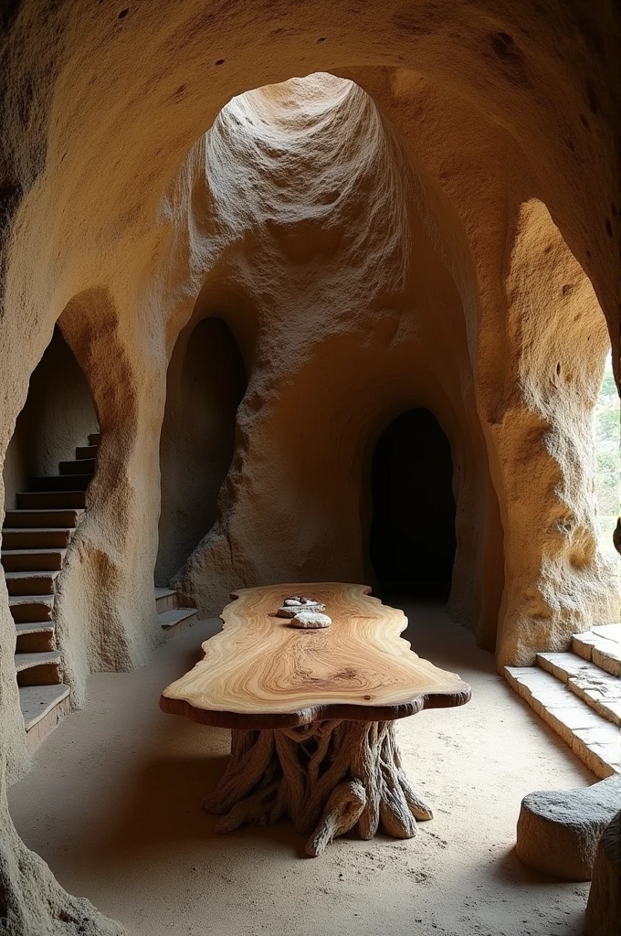 The place is a cave made by nature itself, with a wooden table handmade with items from nature itself. It has two entrances, one on the right and one on the left., a staircase down in a corner, the cave is ENTIRELY made by nature, they just put things there. The cave is completely natural, and closed