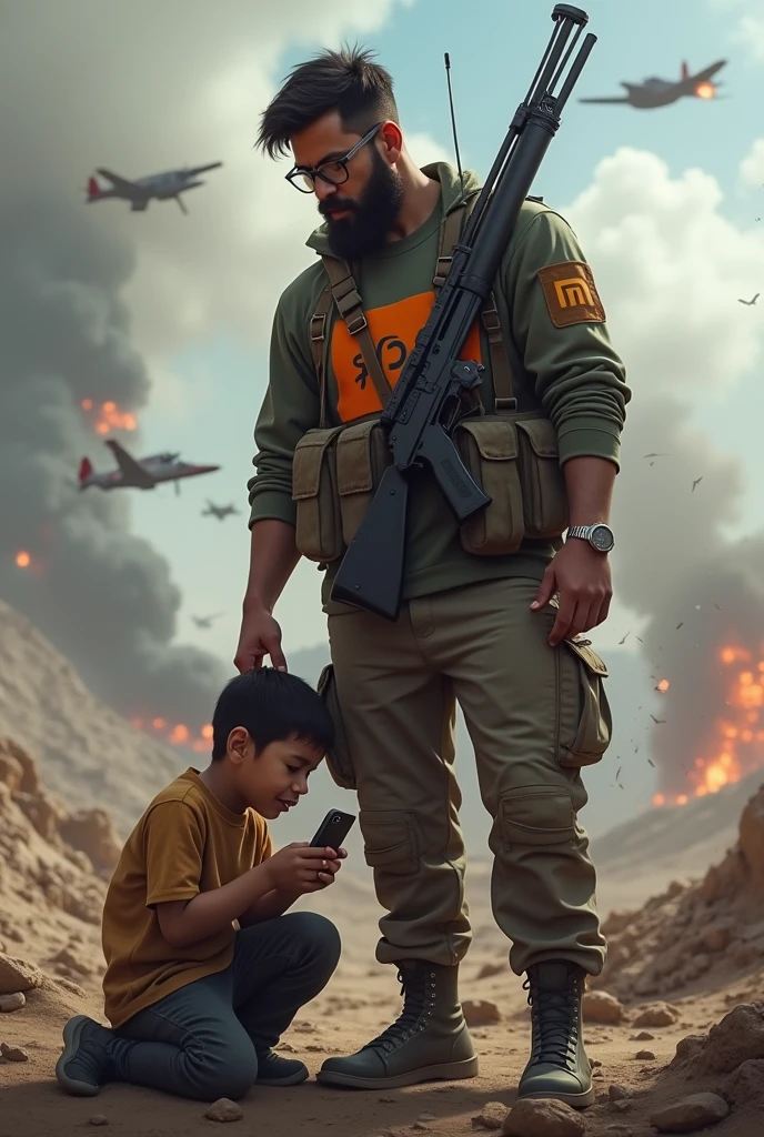 A child crying at the feet of a soldier with glasses and a beard, holding a shotgun. This is in the Call of Duty Mobile environment..
The child must be crying in his hands a Samsung s22 ultra phone and the man's shirt says Xiaomi , The child is crying and there is another child crying with an iPhone. The two children are kneeling in front of the man and he seems to be taking care of them. , you can put planes fighting and so on