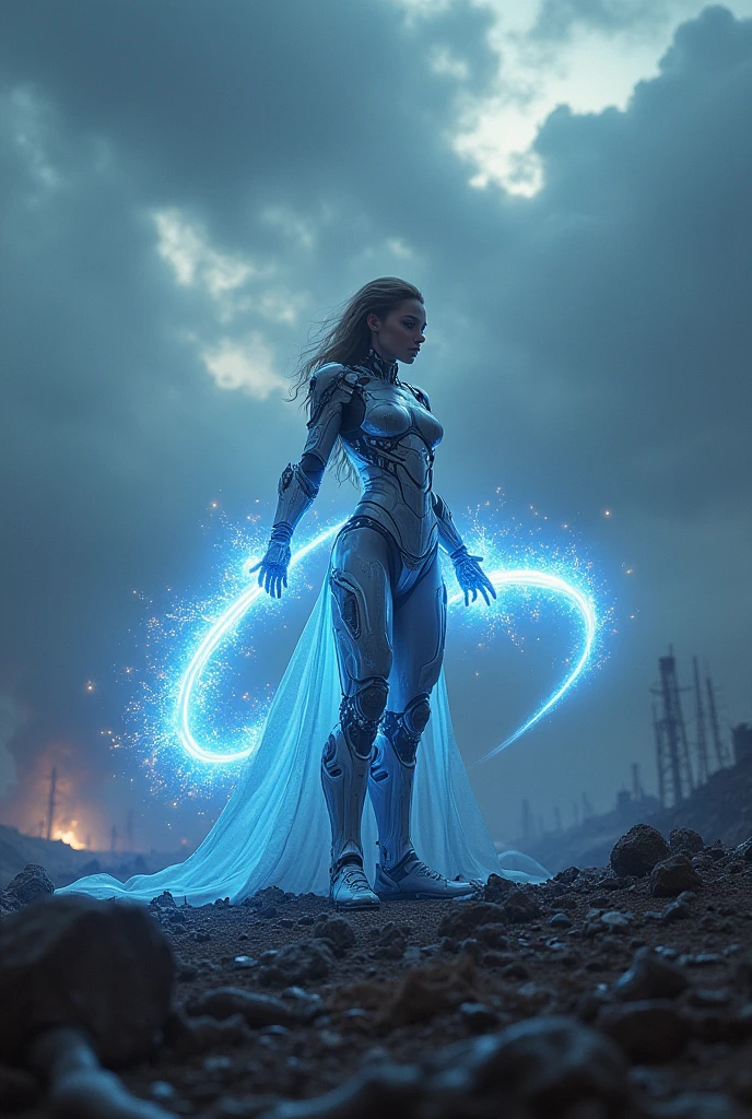 Post-apocalyptic warrior, women, clad in cybernetic armor, radiating light and infinite power, He forms an energy whip that emanates from his hands, victorious and prostrate over the defeated galactic space enemy