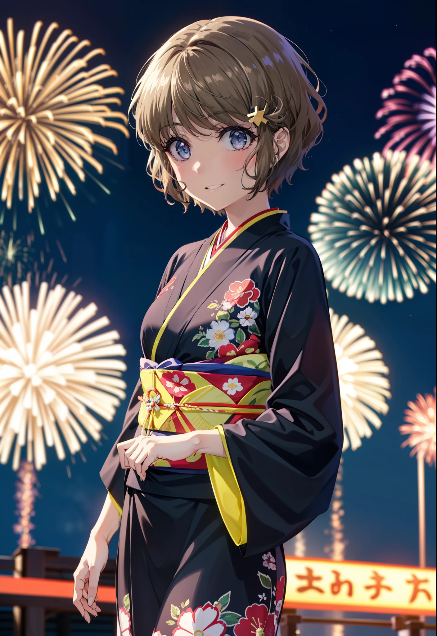 tomoekoga, Chie Koga, short hair, Brown Hair, blue eyes, Flower Hair Ornaments,smile,black kimono,Wide sleeves,日本のFestivalり,夏Festivalりの屋台,Red lantern,Fireworks in the night sky,Fireworks、The place is a fireworks display,Time is night,sunny day,turn around,whole bodyがイラストに入るように
break outdoors,Festival ,
break looking at viewer, whole body,(Cowboy Shot:1.5),
break (masterpiece:1.2), Highest quality, High resolution, unity 8k wallpaper, (figure:0.8), (Beautiful attention to detail:1.6), Highly detailed face, Perfect lighting, Highly detailed CG, (Perfect hands, Perfect Anatomy),