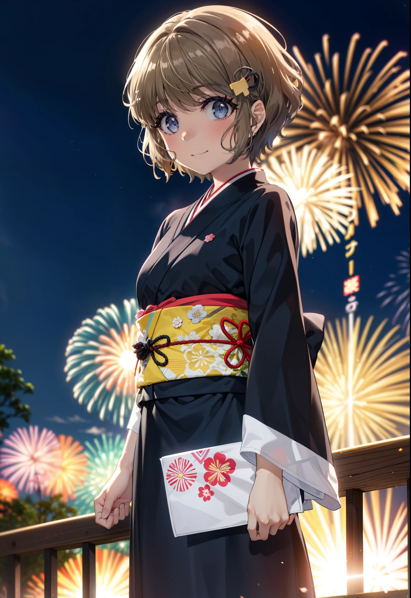 tomoekoga, Chie Koga, short hair, Brown Hair, blue eyes, Flower Hair Ornaments,smile,black kimono,Wide sleeves,日本のFestivalり,夏Festivalりの屋台,Red lantern,Fireworks in the night sky,Fireworks、The place is a fireworks display,Time is night,sunny day,turn around,whole bodyがイラストに入るように
break outdoors,Festival ,
break looking at viewer, whole body,(Cowboy Shot:1.5),
break (masterpiece:1.2), Highest quality, High resolution, unity 8k wallpaper, (figure:0.8), (Beautiful attention to detail:1.6), Highly detailed face, Perfect lighting, Highly detailed CG, (Perfect hands, Perfect Anatomy),