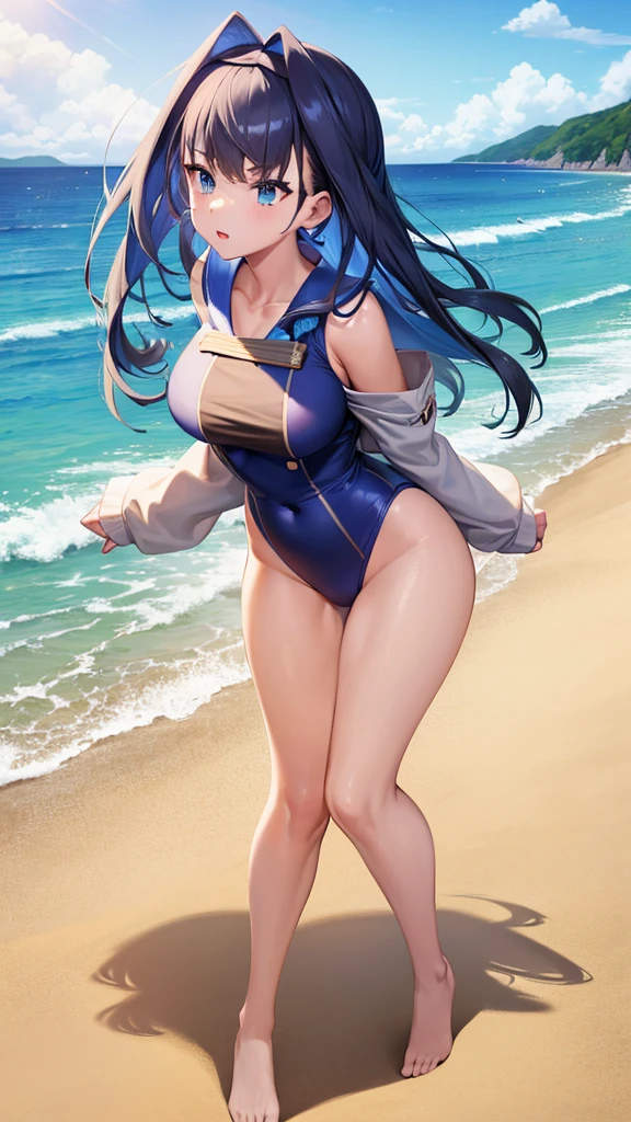 1 girl, (full body shot), (sailor suit), (highlighting hips), (turning around), outdoors, sunny, beach, (perfect hands), (perfect anatomy), (perfect body structure), ((2 arms)), ((2 legs)), masterpiece, best quality, high resolution, ultra high resolution, perfect pixels, depth perspective, 4K, ultra high resolution, /studio lighting, /sharp focus, /bright colors, /portrait, /warm colors, /soft lighting,