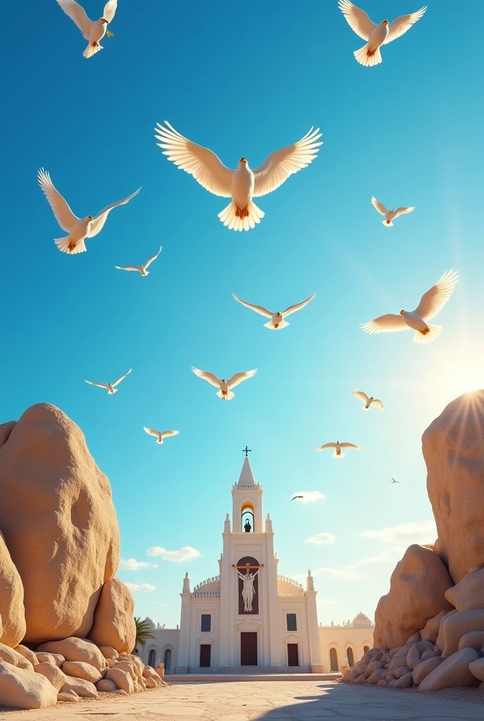 make 9 white eagles flying over a blue sky and large beige stones and the image of Jesus on the cross is a church