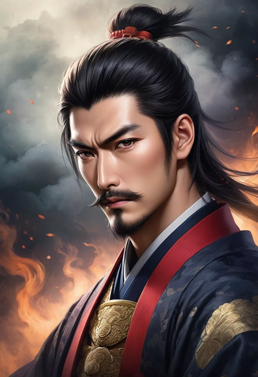 Create a mysterious and powerful portrait of Nobunaga Oda with a slightly softer, more enigmatic expression. The background should be dark and atmospheric, with subtle hints of smoke or mist to add to the aura of mystery. The lighting should focus on Nobunaga’s face, casting gentle shadows that add depth and intrigue. Overlay the image with the text: 'He was a master of psychological warfare. Did you know this? Comment below! 👇'. The font should be elegant yet readable