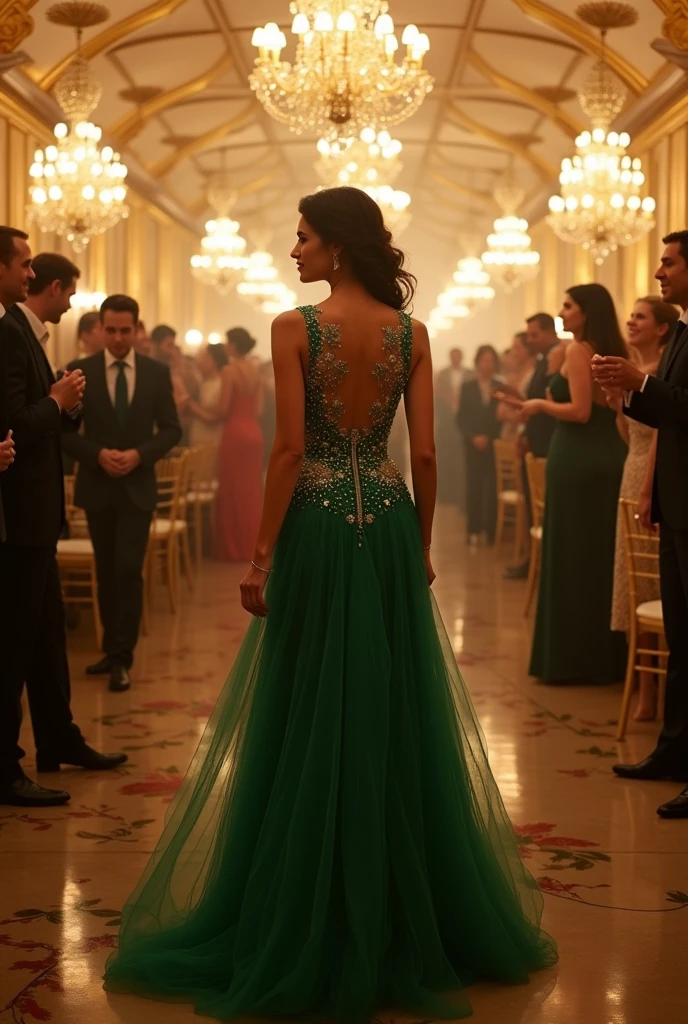 At a party at night with a luxurious dress