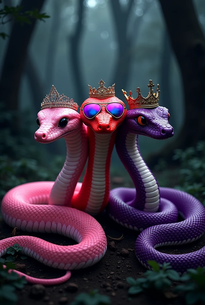 three snakes together like Regina, Karen and Gretchen from MEAN GIRLS.

first one a cottonmouth snake baby pink with a princess tiara. 

second one mamba fire red white and black with reflective neorave sunglasses.

third one a rattlesnake deep bright purple with a queen crown.

All Together in a black forest.