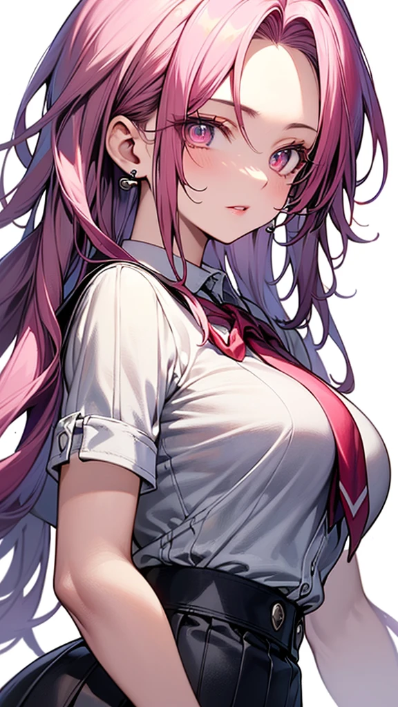 ((forehead:1.5、plural:1.5、Standing、Earrings、Earrings、high school girl:1.5、uniform:1.5、school uniform:1.5、Dress shirt、Long tie、Checked mini skirt、low angle shot:1.5、Gal:1.5、frontal face:1.5、A calm face、Pink Hair、Northern Europe、White、beautiful girl:1.5、Pink Hair、White background、cute、Young、True Face、Shiny Hair、whole body))、overweight:1.5、masterpiece, best quality, ultra detailed, hyper detailed, beautiful, woman, medium shot, from front:1.5, leaping figure composition, midday, in focus with blurred background、 highest quality, figure, super detailed, finely, High resolution, 8k wallpaper, Perfect dynamic composition, detailed and beautiful eyes, Deco out,bionde, big breasts, Natural color lip,white background, random cute poses