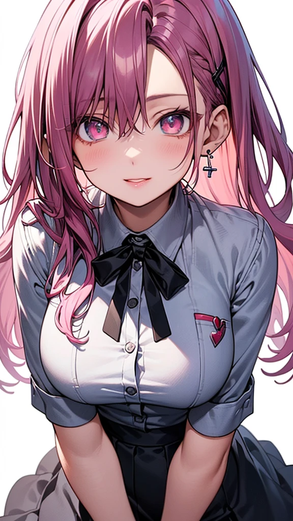 ((forehead:1.5、plural:1.5、Standing、Earrings、Earrings、high school girl:1.5、uniform:1.5、school uniform:1.5、Dress shirt、Long tie、Checked mini skirt、low angle shot:1.5、Gal:1.5、frontal face:1.5、A calm face、Pink Hair、Northern Europe、White、beautiful girl:1.5、Pink Hair、White background、cute、Young、True Face、Shiny Hair、whole body))、overweight:1.5、masterpiece, best quality, ultra detailed, hyper detailed, beautiful, woman, medium shot, from front:1.5, leaping figure composition, midday, in focus with blurred background、 highest quality, figure, super detailed, finely, High resolution, 8k wallpaper, Perfect dynamic composition, detailed and beautiful eyes, Deco out,bionde, big breasts, Natural color lip,white background, random cute poses